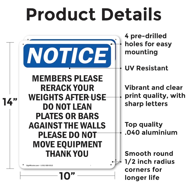 Members Please Rerack Your Weights, 10 In W X Rectangle, Aluminum